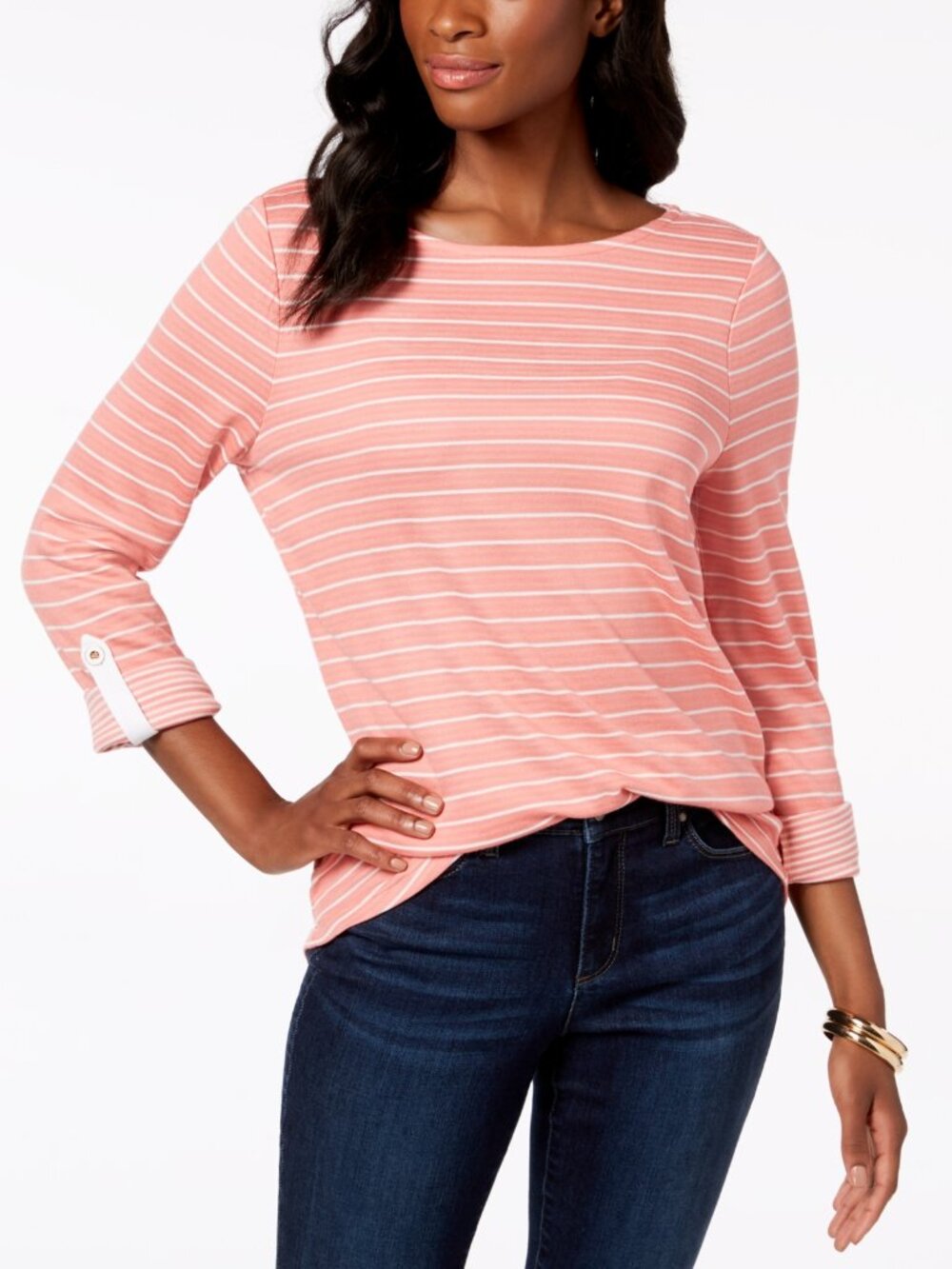 Charter Club Womens Activewear Striped Three Fourth Sleeve Top